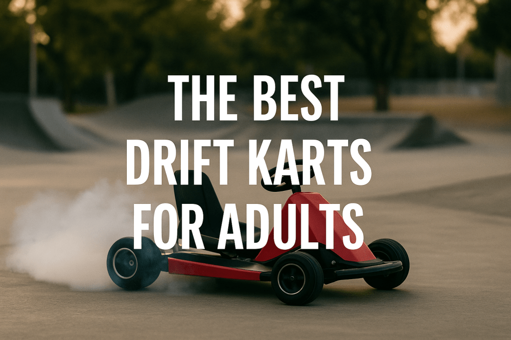 A high-performance electric drift kart rests on smooth concrete beside a skatepark, surrounded by soft sunlight and graffiti-lined ramps — representing real-world drifting for adults.