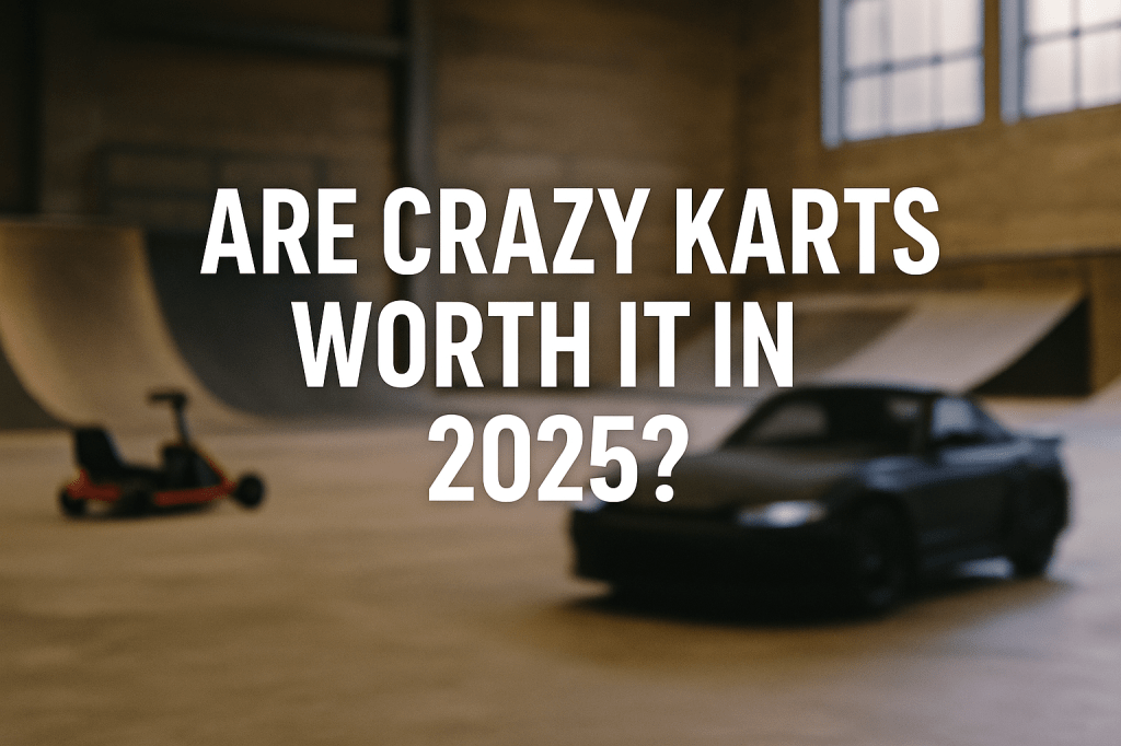 A blurred electric drift kart slides across smooth concrete at a skatepark, while a Crazy Kart sits in the background. The image features overlaid text reading “Are Crazy Karts Worth It in 2025?” with urban lighting and a moody dusk atmosphere.