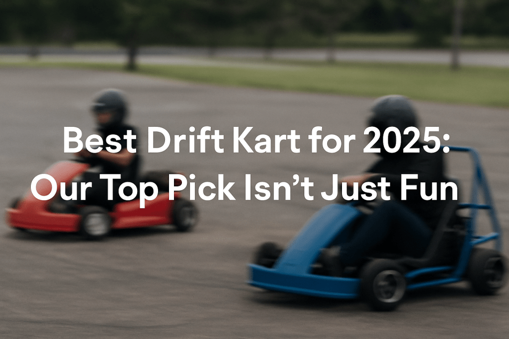 Two go-karts drifting on pavement with tire marks, red and blue karts in motion, blog title text overlayed