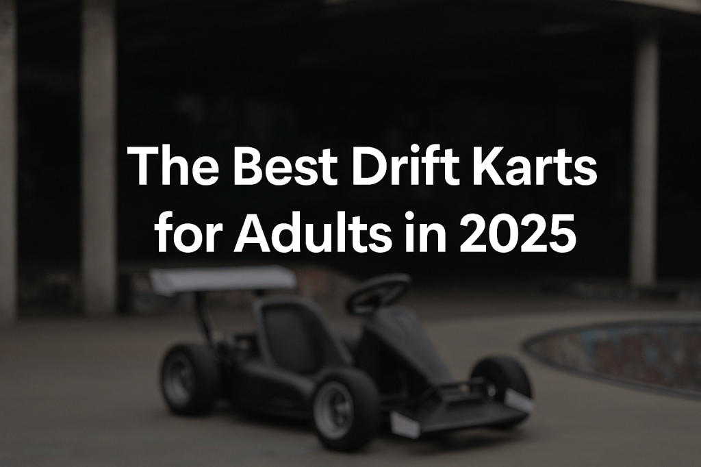 A blurred electric drift kart styled like a compact drift car is parked inside an industrial skatepark, with text overlay reading “The Best Drift Karts for Adults in 2025.”