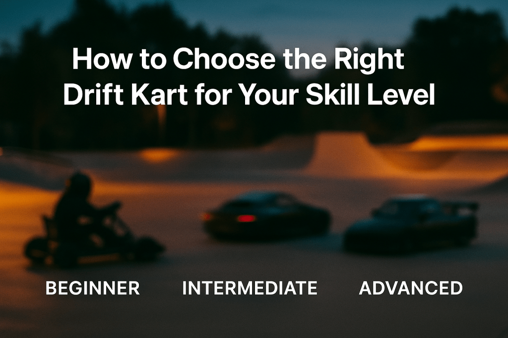 Three blurred drift karts of varying sizes drift side-by-side in a skatepark labeled “Beginner,” “Intermediate,” and “Advanced.” Overlaid text reads “How to Choose the Right Drift Kart for Your Skill Level.”
