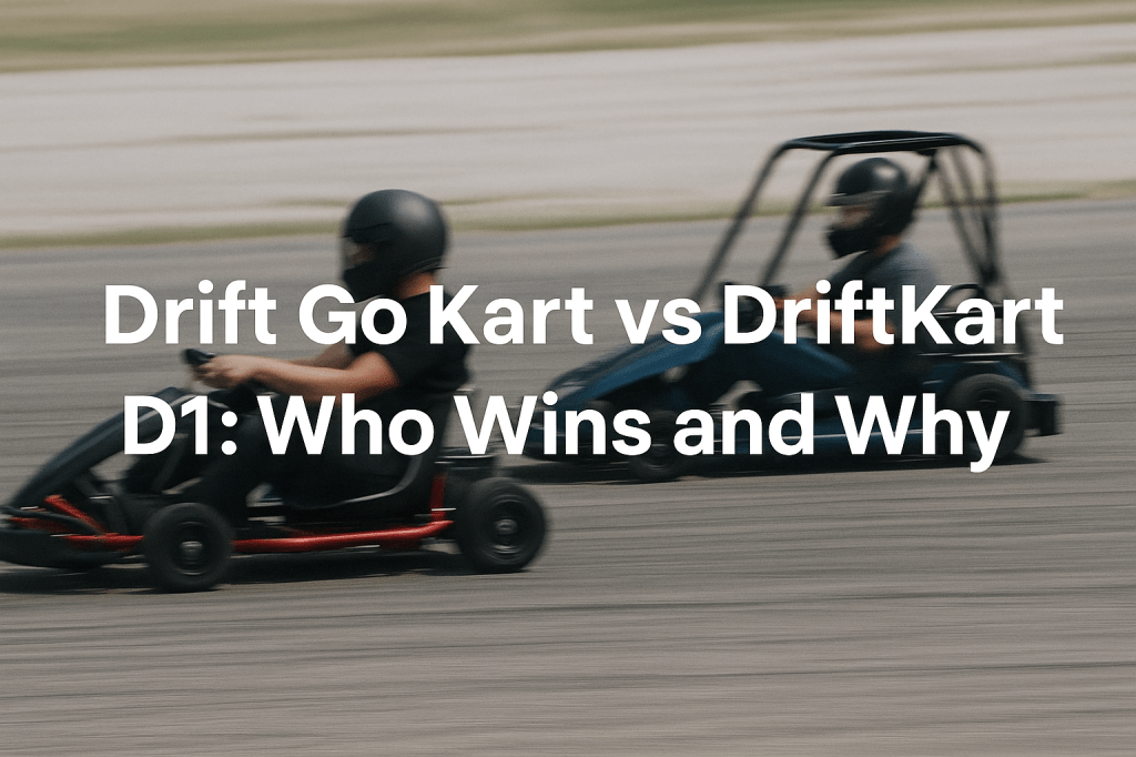 Two go-karts drifting on asphalt, one classic red drift go kart, the other a blue DriftKart D1 with a roll cage, title overlayed