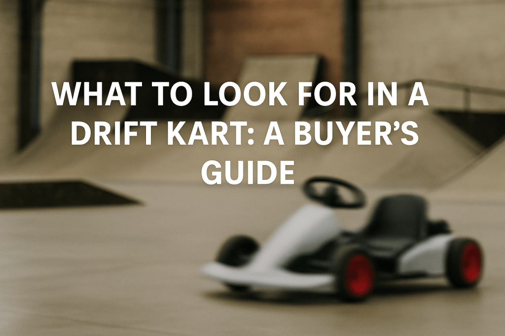 A blurred electric drift kart sits on smooth concrete beside ramps, with overlaid text reading “What to Look For in a Drift Kart: A Buyer’s Guide.” The environment reflects a skatepark-style setting ideal for adult drift kart training.