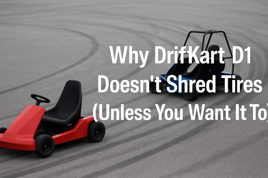 Two electric drift karts leaving dark curved skid marks on asphalt, blog title overlaid in white