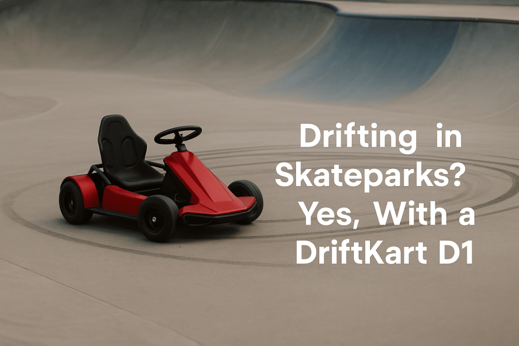 Red DriftKart D1 sliding through a skatepark bowl leaving circular skid marks, with bold title text overlayed