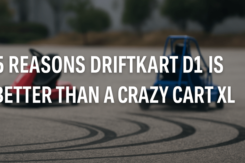 Red and blue drift karts sliding on smooth pavement, tire marks in foreground, bold text overlayed