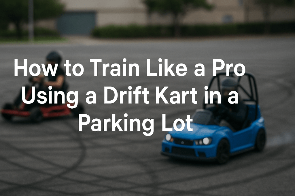 Two drift karts in a parking lot mid-slide, one red and one blue, with visible tire marks and title text overlayed
