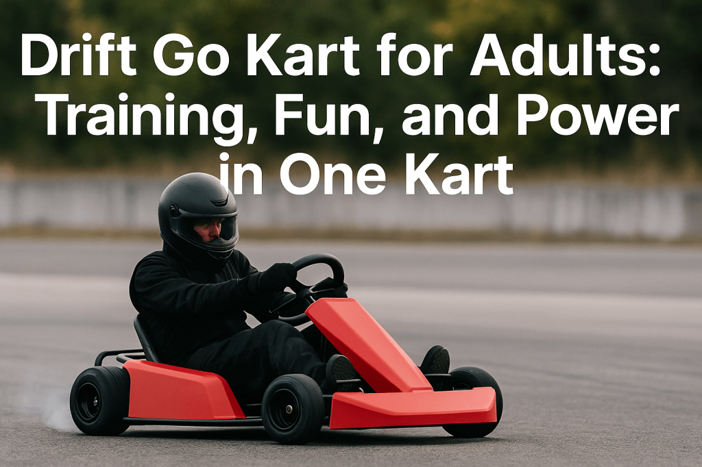 Adult driver in a red DriftKart D1 power-sliding on asphalt, with title text overlayed in bold white