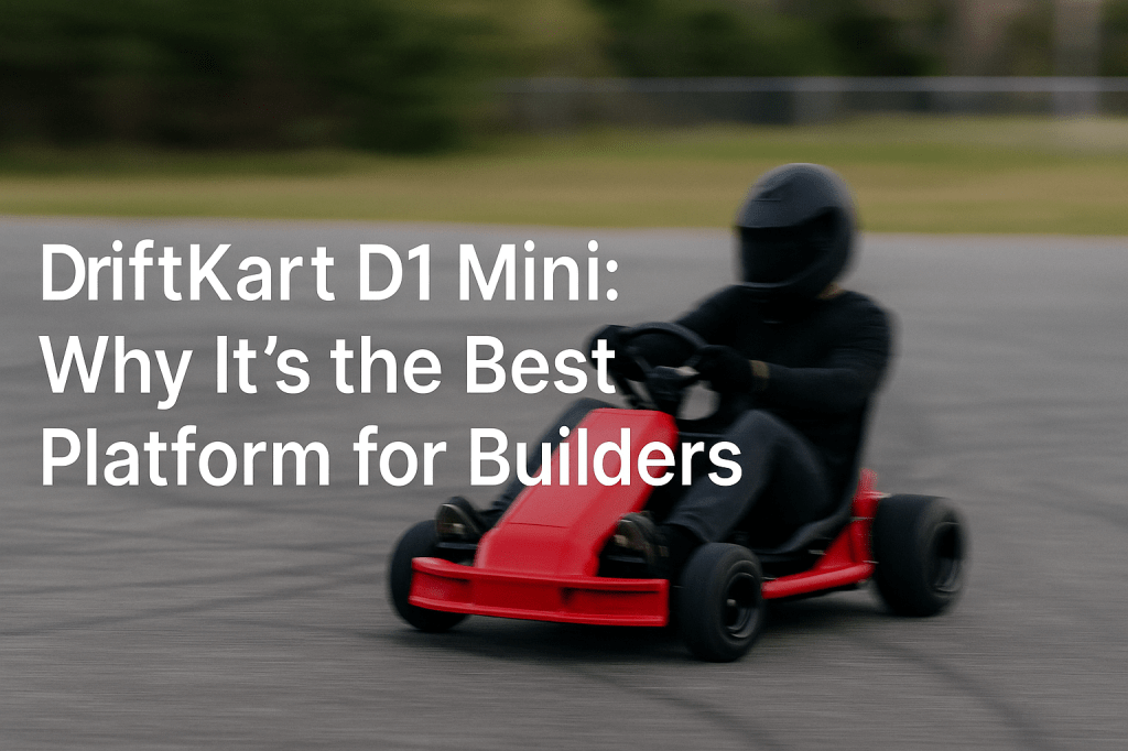 A red DriftKart D1 Mini drifting on a racetrack with the driver fully suited in black and the title overlayed in bold white text