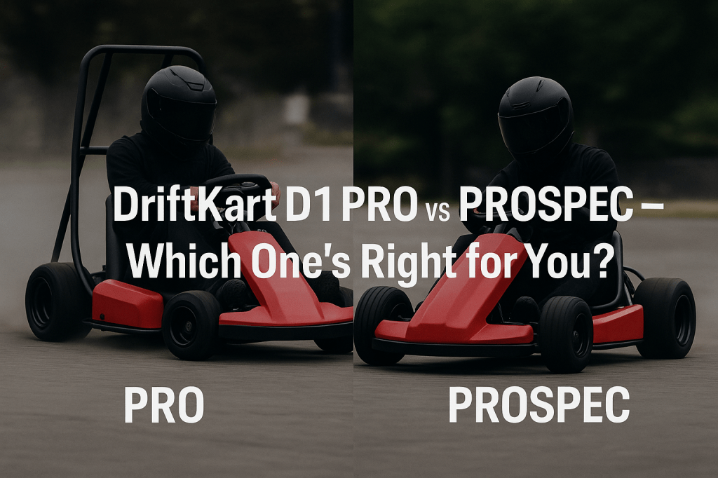A red DriftKart D1 PRO and a blue PROSPEC drift side-by-side in a parking lot, bold white title text overlaid comparing PRO vs PROSPEC