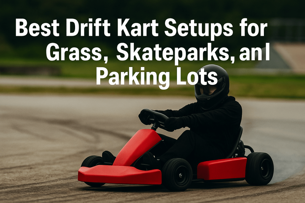A red DriftKart D1 sliding on smooth pavement with grass and skatepark elements in the background, bold white blog title text overlayed