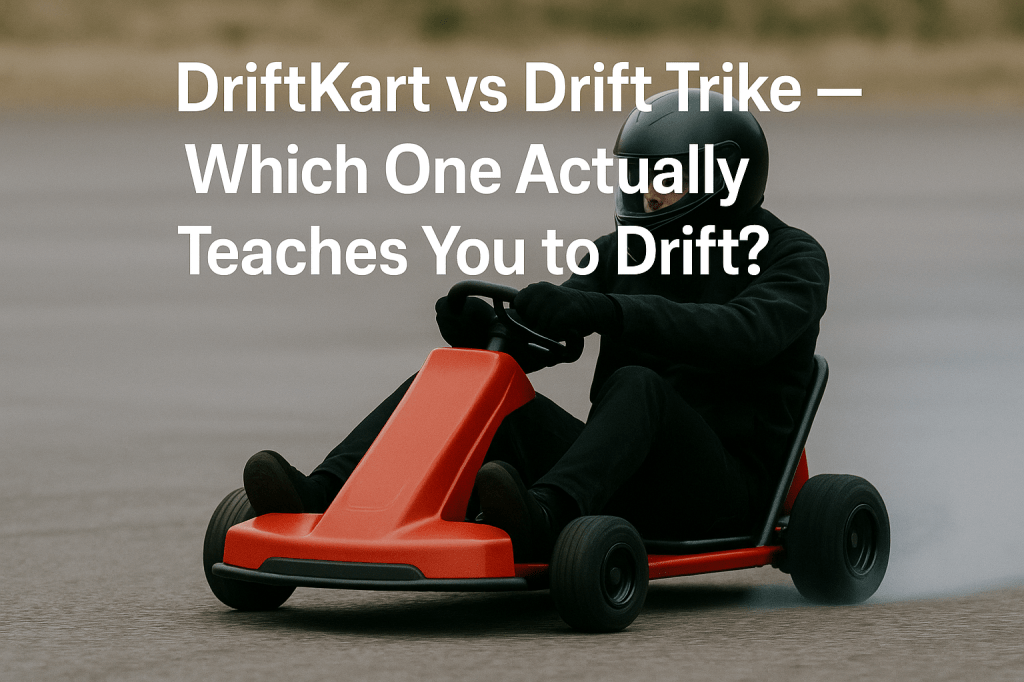 A red DriftKart D1 with rear wheels sliding on asphalt and bold white text comparing DriftKart and Drift Trike
