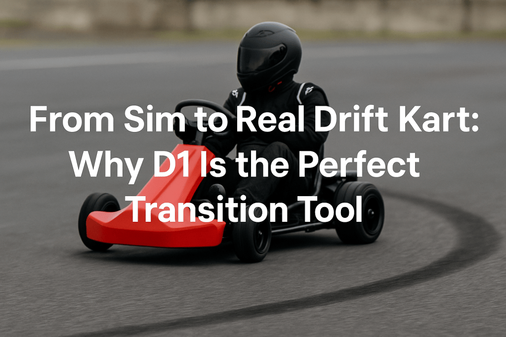 Red DriftKart D1 drifting on pavement with a black-suited driver, blog title overlaid in bold white text